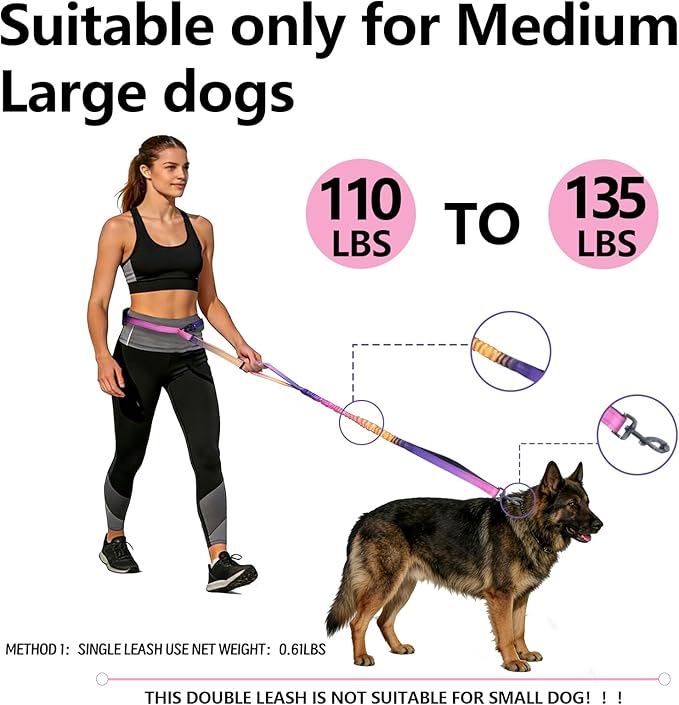 Roses&Poetry Hands Free Double Dog Leash for Two Dogs, 9-11ft Adjustable Bungee Walking Waist Lead, Dual Dogs Leash with Tangle-Free Swivel for Medium Large Dog Heavy Duty Running(Mistyrose)