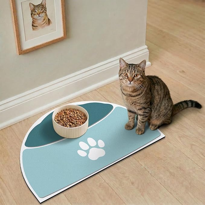 Pet Feeding Mat Semicircle, 20''x12'' Absorbent Mat for Cat Dog Water Bowl, Quick Dry Dog Water Dispenser Mat, Easy Store Cat Food Mats Wipe Clean, Fit with Cage, Living Room, Garden, Dark Teal