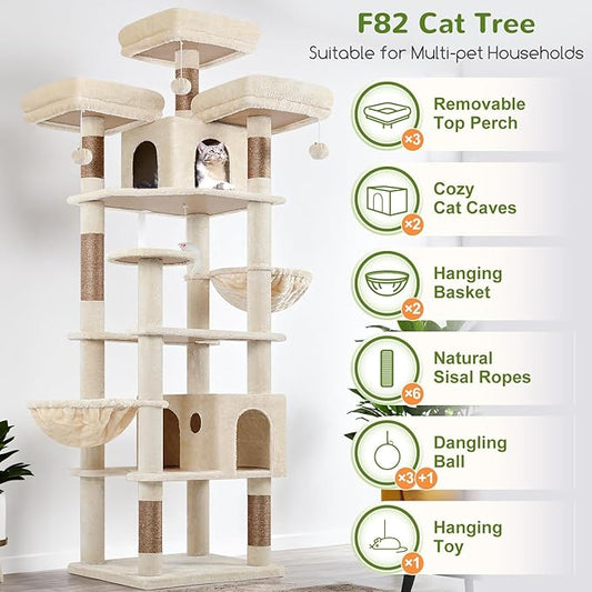 Globlazer Cat Trees and Towers for Multiple Adult Cats, 82-inch XXL Tall Cat Tree Tower for Indoor Cats with Scratching Post, 3 Perches, 2 Condos, 2 Hanging Baskets, F82, Beige