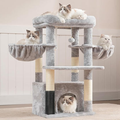 Hey-brother Cat Tree Tower with Extra Large Platform, Spacious Condo, 2 Cozy Hammocks, Self-Grooming Brush, Sisal Scratching Posts for Big Indoor Adult, Maine Coon, 35.4 Inches, Light Gray MPJ060W