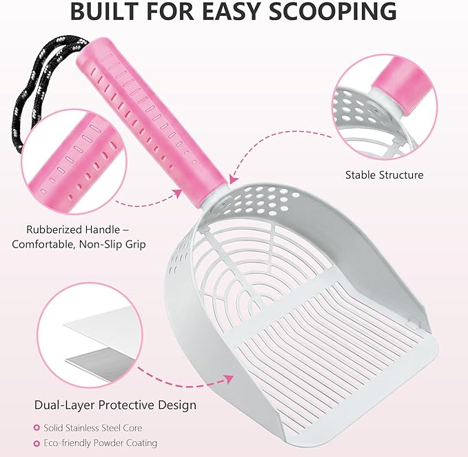 Cat Litter Scoop with Holder, 3-in-1 Litter Box Solution: Metal Scooper, Dustpan & Mini Broom, Coarse and Fine Grid, Quick Sift, Metal Kitty Litter Scooper Works with All Type of Cat Litter