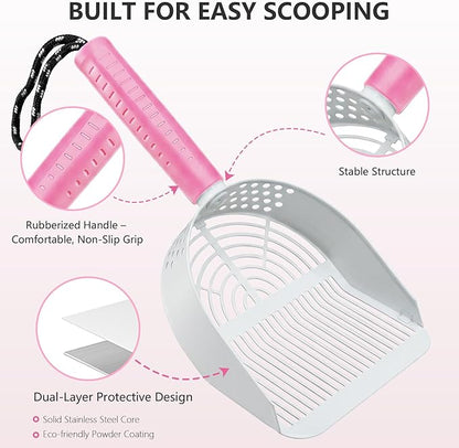 Cat Litter Scoop with Holder, 3-in-1 Litter Box Solution: Metal Scooper, Dustpan & Mini Broom, Coarse and Fine Grid, Quick Sift, Metal Kitty Litter Scooper Works with All Type of Cat Litter