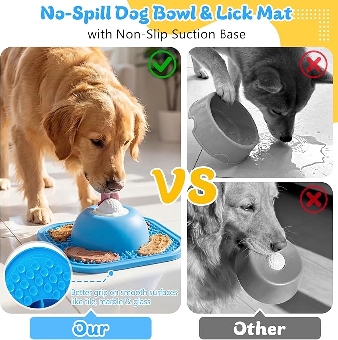 PetsHome Slow Feeder Dog Bowls & Lick Mat for Liquid and Thick Treat, Anti-Slip Dog Lick Bowl with Interactive Rolling Ball, 5/6 Cup Pup Licking Toy for Large Medium Small Dogs and Cats Blue