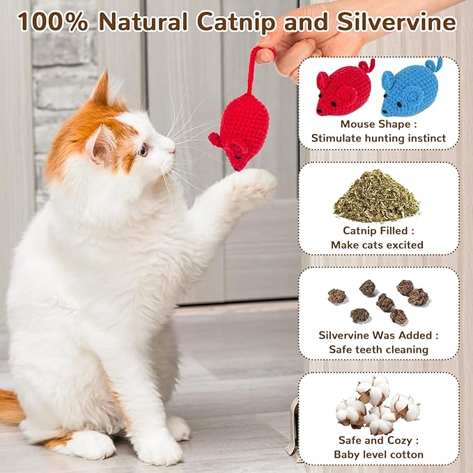 Retro Shaw Catnip Toys Crochet Mouse 6 Pcs - 100% Natural Catnip & Silvervine Blend Yarn Cat Nip Mice, Durable Hand-Knitted Teething Chew Toy for Indoor Cats & Kittens, Interactive Play & Dental Care