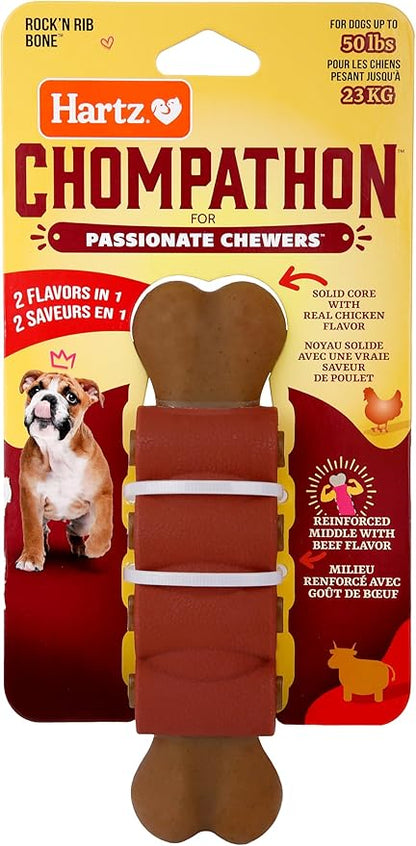 Hartz Chompathon Rock 'N Rib Bone Dog Chew Toy for Aggressive Chewers, Double Layered Flavored with Chicken & Beef