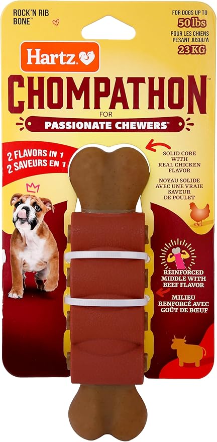 Hartz Chompathon Rock 'N Rib Bone Dog Chew Toy for Aggressive Chewers, Double Layered Flavored with Chicken & Beef