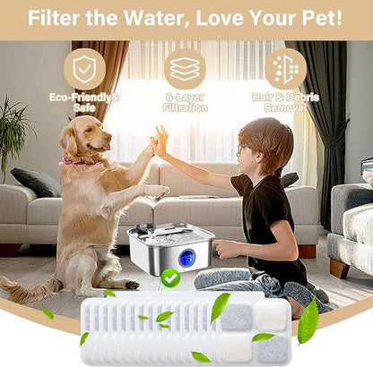16+16 Pack Replacement Filters Compatible with Oneisall 10L/2.64Gal Stainless Steel Dog Water Fountain, Includes 16 Filters & 16 Sponges