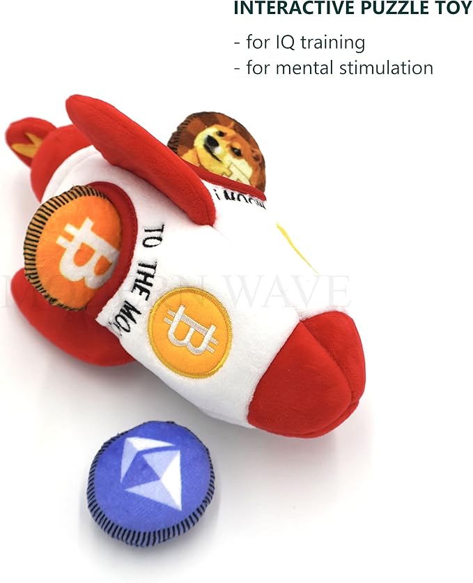 MODERN WAVE - Squeaky Plush Dog Toy Bitcoin Crypto - Interactive Hide and Seek Squirrel Type Puzzle Toy for Dogs, Small - Medium Size (Rocket and Coins)