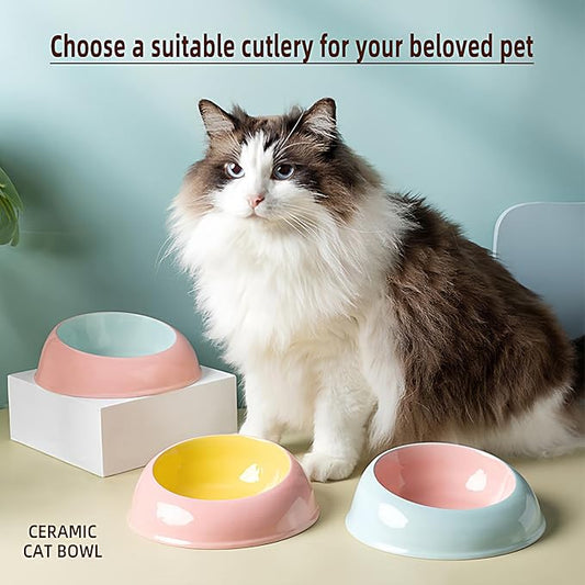 15° Inclined Cat Bowl Optimal Neck Support, Effortless Eating 6.89-Inch Wide and 2.05-Inch Tall Saucer with 7.04-Ounce Capacity Pet Bowl for Cats and Small Dogs（Pink Yellow）