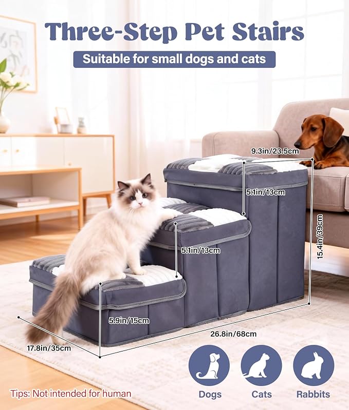 15.4''Dog Stair with Storage, Foldable Dog Steps for Bed with Soft Cover, Lightweight,3-Step Pet Stairs up to 70LBS, Non-Slip Puppy Stairs for Small Medium Dogs Puppy, Cats(Grey)
