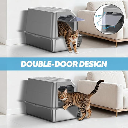 Enclosed Stainless Steel Cat Litter Box with Lid, XL Extra Large Litter Box for Big Cats, Metal Litter Pan High Sided, Never Absorbs Odors, Anti-Urine Leakage, Include Scoop (Light Grey)