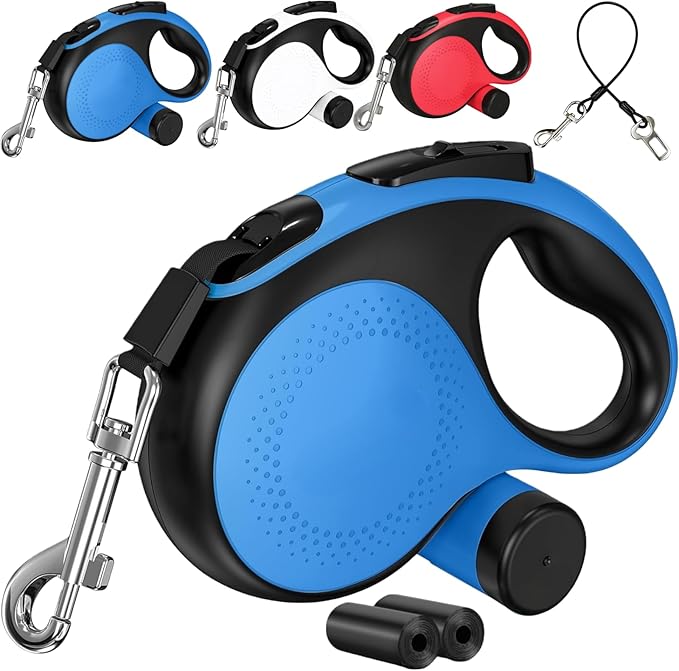 26FT Heavy Duty Retractable Dog Leash for Large Dogs Up to 110lbs,Chew Proof Nylon,360° Tangle-Free,One-Hand Brake Lock,Anti-Slip Grip,Extendable Leash with Poop Bag Holder (Blue)