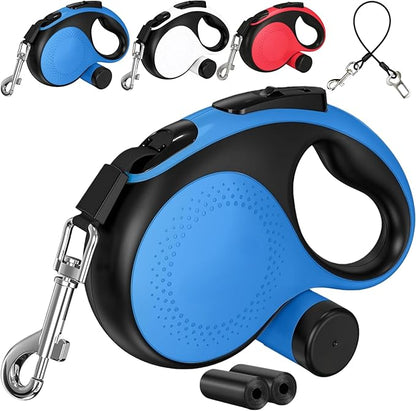 26FT Heavy Duty Retractable Dog Leash for Large Dogs Up to 110lbs,Chew Proof Nylon,360° Tangle-Free,One-Hand Brake Lock,Anti-Slip Grip,Extendable Leash with Poop Bag Holder (Blue)