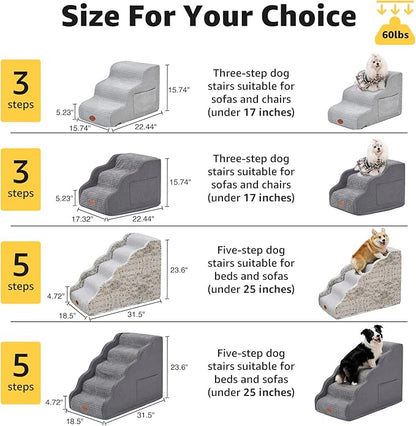 Side Armrest Dog Stairs for High Beds Up to 26-30", 5-Step Pet Ramp with Weighted Base Plate, Washable Cover, Gentle Slope Steps, Bed & Couch Ladder for Small Medium Dogs & Senior Cat