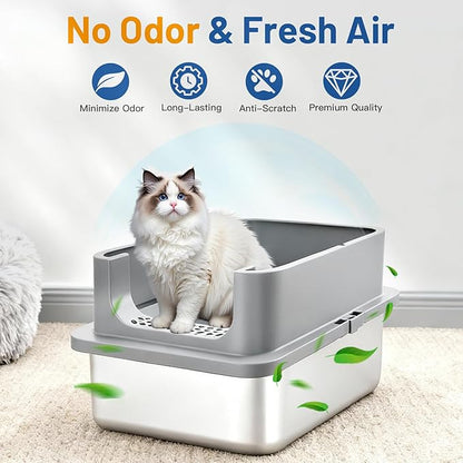 2 Pack XL Stainless Steel Cat Litter Box with Lid and High Sides, 24" L x 16" W x 12" H Extra Large Metal Cat Litter Boxes for Big Cats, Leak-Proof, Non-Stick, Odor-Resistant, Includes Scoop