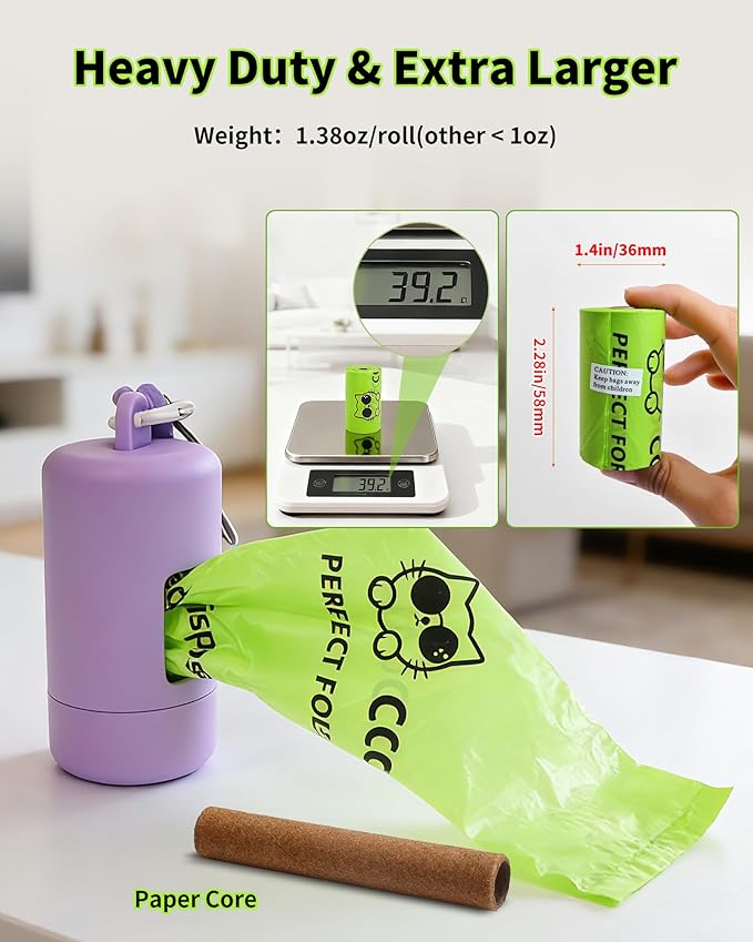 Dog Poop Bags with Dispenser & Holder, Guaranteed Leak Proof, Unscented Extra Thick Heavy Duty Tear-resistant 18-Micron Waste Bag Refill Rolls (Purple (105-Bags, 1-Dispenser))