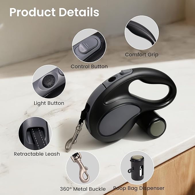 Retractable Dog Leash, 11ft Tangle-Free Reflective Nylon Tape with Anti-Slip Handle & USB Rechargeable Flashlight for Night Walks, Suitable for Small to Medium Dogs Up to 30 Lbs (Black)