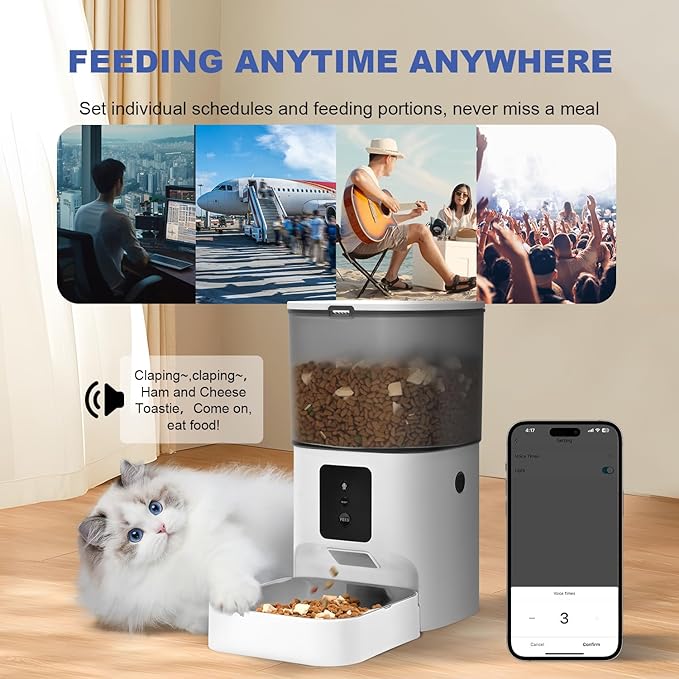 ANDOLL HOME 2.4G/5G Automatic Cat Feeder, 4L WiFi Food Dispenser with 10s Voice Recorder, Pet Feeder up to 10 Meals per Day, Timed Cat Feeder with Dry Food Sealed Ring (Matte White, 4.0 L)