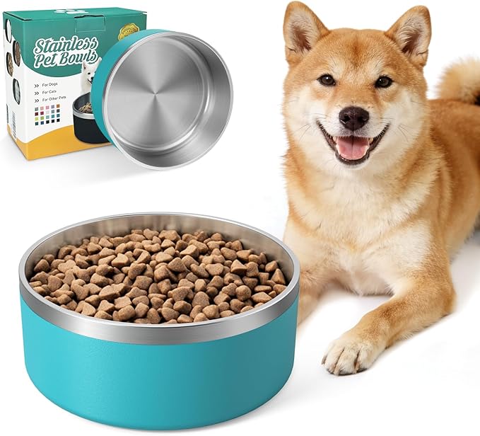 IKITCHEN Dog Bowl for Food and Water, 64 Oz Stainless Steel Pet Feeding Bowl, Durable Non-Skid Double Wall Insulated Heavy Duty with Rubber Bottom for Medium Large Dogs (64 Ounces/8 Cup, Lakeblue)