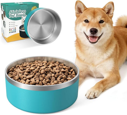 IKITCHEN Dog Bowl for Food and Water, 64 Oz Stainless Steel Pet Feeding Bowl, Durable Non-Skid Double Wall Insulated Heavy Duty with Rubber Bottom for Medium Large Dogs (64 Ounces/8 Cup, Lakeblue)