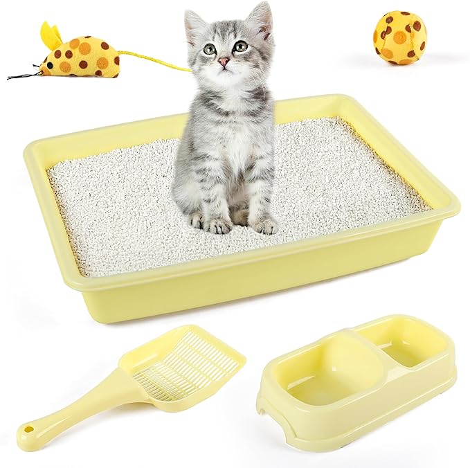 PAWISE Cat Litter Box Set, Small Kitten Starter Kit, Includes Litter Box, Litter Scoop, Double Dish Feeding Bowl, Cat Mouse Toy, Kitty Ball Toy, Yellow
