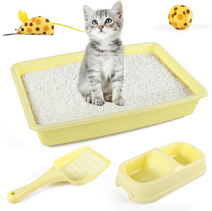PAWISE Cat Litter Box Set, Small Kitten Starter Kit, Includes Litter Box, Litter Scoop, Double Dish Feeding Bowl, Cat Mouse Toy, Kitty Ball Toy, Yellow