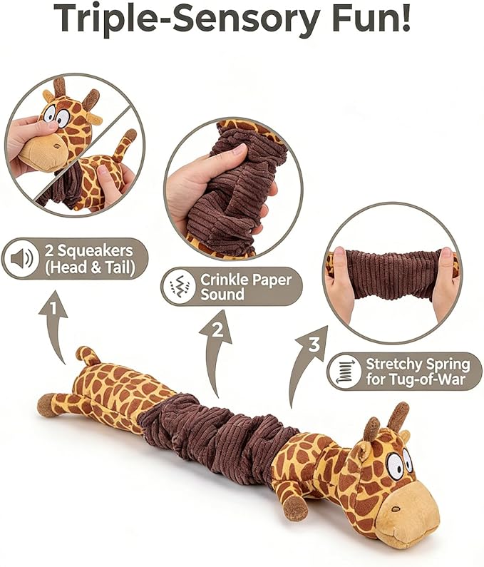 3-in-1 Squeaky Dog Toys for Chewers, Dual Squeaker, Crinkle Sound, Stretchy Spring Band - Durable Interactive Plush Puppy Toys for Boredom, Small Medium Large Breed (Giraffe)