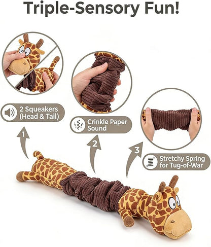 3-in-1 Squeaky Dog Toy for Chewer (Squeaker, Crinkle Paper & Elastic Band), Durable Interactive Puppy Plush Chew Toy for Boredom, Tug of-War, for Small Medium Large Breed (2 Pack, Giraffe,Unicorn)