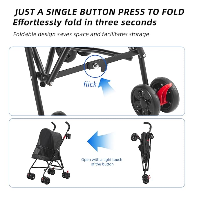 Pet Stroller Oxford Cloth Foldable Dog Strollers for Small Dogs and Cats Suitable for All Road Surfaces Wide-View Panoramic Window 4 Wheels with Brakes Portable Design, Easy to Store (Blue)