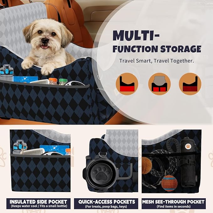 Dog Car Seat for Small/Medium Dogs up to 35lbs, 4-Pocket Storage Memory Foam Dog Booster Seat, Detachable Washable Pet Car Seat with Safety Belt, Outdoor & Indoor Use (Dark Blue/Black)