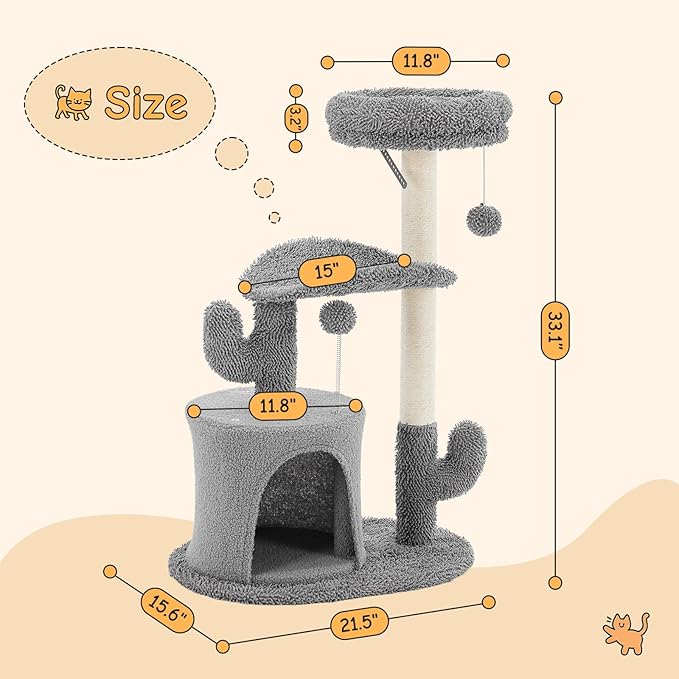DUMOS 33-inch Cat Tree Tower for Indoor Cats, Small Cat Scratching Post with Curved Bed, Cat Tree with Cat Condo for Adult, Grey
