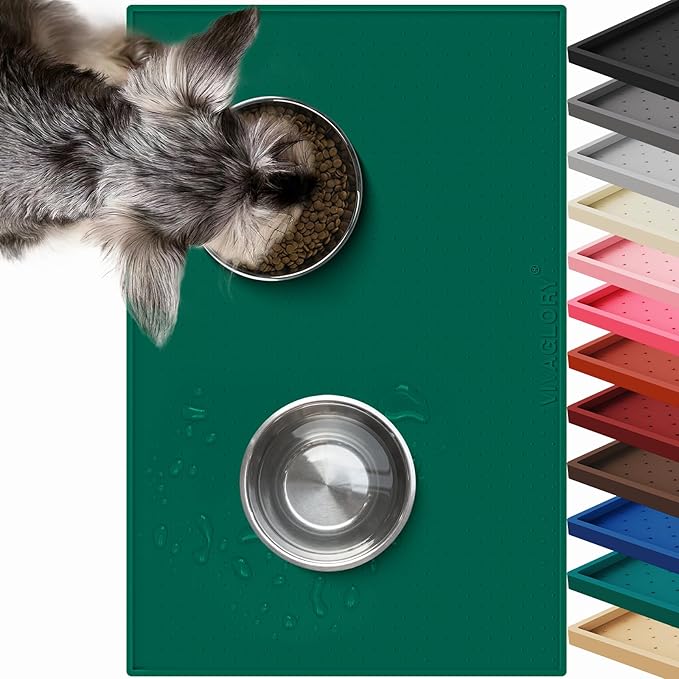 VIVAGLORY Dog Bowl Mat Grippymat Pet Food Mat, Waterproof Washable Nonslip Silicone for Pet & Cat, Food and Water Placemat with Lip & Raised Edges for Indoor Floor, S, Deep Green