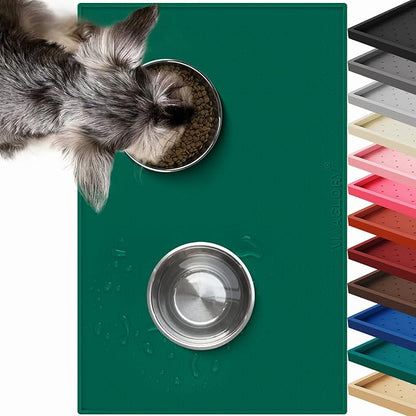 VIVAGLORY Dog Bowl Mat Grippymat Pet Food Mat, Waterproof Washable Nonslip Silicone for Pet & Cat, Food and Water Placemat with Lip & Raised Edges for Indoor Floor, S, Deep Green