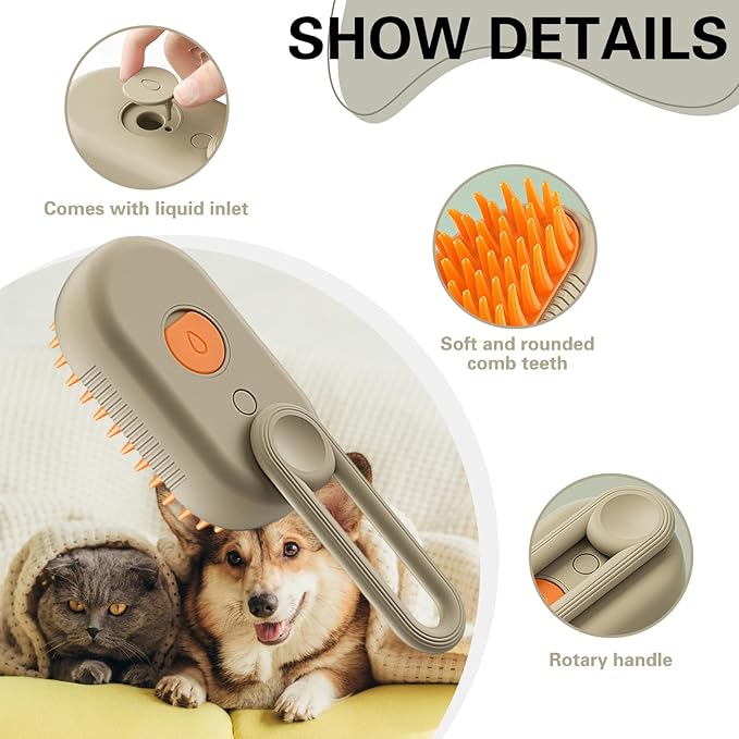 Steamy Pet Brush - Convenient Hair Removal, Easy Collection, Massage Function - Ideal Steam Brush for Cats! (Coffee)