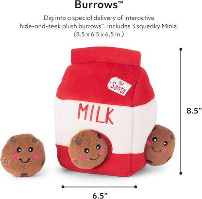 ZippyPaws Burrow- Interactive Dog & Puppy Toys for Boredom, Stimulating Pet Products to Keep Them Busy, Hide & Seek Plush Puzzle, Enrichment Squeaky Toy for Small & Medium Dogs- Santa's Milk & Cookies