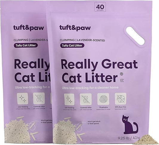 Tuft & Paw Really Great Cat Litter, Low Tracking Tofu Cat Litter, Clumping, Flushable, Odor Control, Dust-Free - 9.25lbs x 2Bags (Natural Lavender)