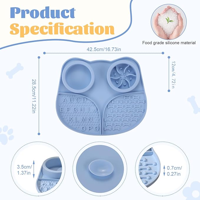 Silicone Slow Feeder Dog Bowls & Cat Bowls, 2 Cups Small Pet Food Bowl with Non-Slip Suction Base, Food-Grade Safe Puzzle Feeder for Small & Medium Dogs & Indoor Cats (Bowl & Lick Mat (Blue))