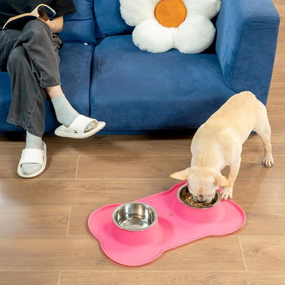 Medium Pet Feeding Station, 29oz Stainless Steel Dog Bowls Set, No Spill Food & Water Dishes with Non Slip Silicone Mat for Breeds Up to 55 Lbs, Pink