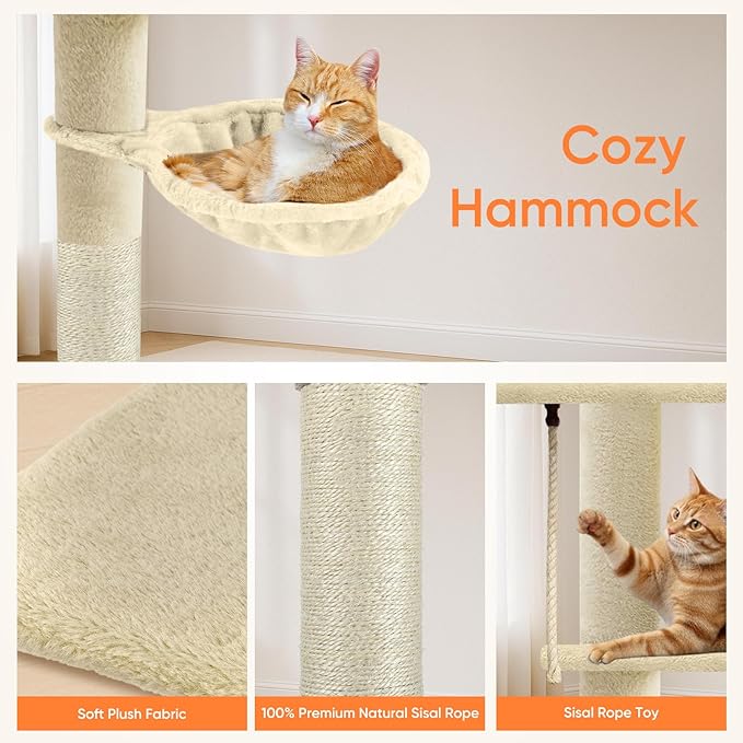 Cat Tree 5-Tier Floor to Ceiling Cat Tower with Cozy Hammock, 89-109 Inch Adjustable Height Sisal Scratching Post, Provides Vertical Enrichment for Jumping & Climbing, Beige