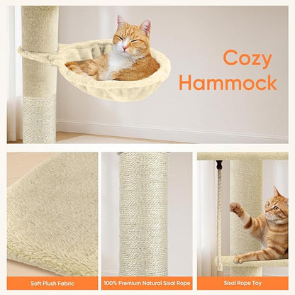 Cat Tree 5-Tier Floor to Ceiling Cat Tower with Cozy Hammock, 89-109 Inch Adjustable Height Sisal Scratching Post, Provides Vertical Enrichment for Jumping & Climbing, Beige