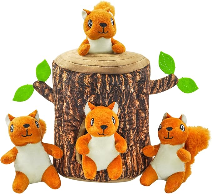 Hide and Seek Dog Toys Squeaky Squirrel Plush Toy with Crinkle Trunk, Interactive Dog Toy to Keep Them Busy Pet Chew Toys for Small & Medium Dogs (Tree Trunk Hideout with 4 Squirrel)