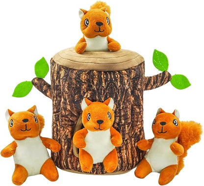 Hide and Seek Dog Toys Squeaky Squirrel Plush Toy with Crinkle Trunk, Interactive Dog Toy to Keep Them Busy Pet Chew Toys for Small & Medium Dogs (Tree Trunk Hideout with 4 Squirrel)