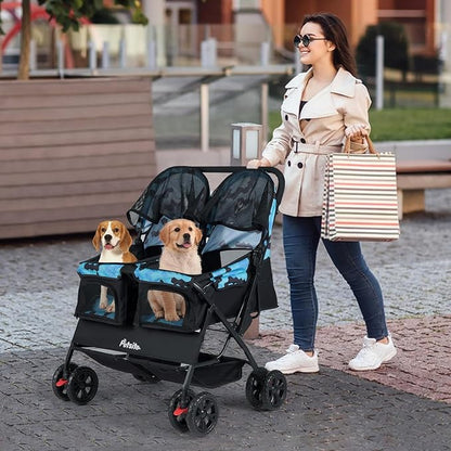 PETSITE Double Pet Stroller, Foldable Double Dog Stroller with 2-Seater Carrier, Adjustable Sunshade, Removable Pad, Safety Belt, Storage Basket, 4-Wheel Pet Travel Cart for 2 Puppies & Cats (Navy)