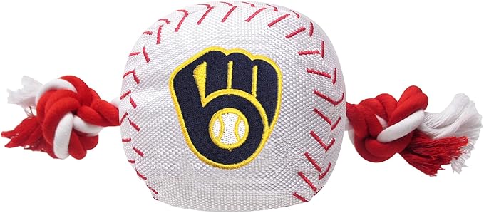 MLB MILWAUKEE BREWERS Baseball Rope Toy for DOGS & CATS. Tough nylon, Sporty Baseball Design, Heavy-duty ropes with Inner SQUEAKER