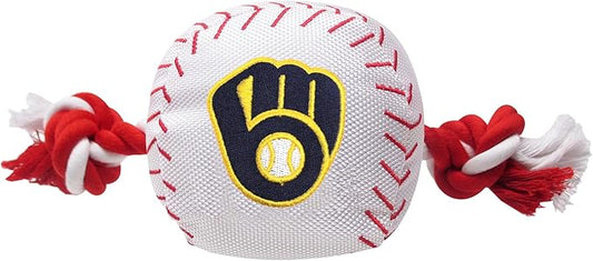 MLB MILWAUKEE BREWERS Baseball Rope Toy for DOGS & CATS. Tough nylon, Sporty Baseball Design, Heavy-duty ropes with Inner SQUEAKER