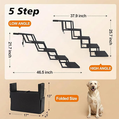 Dog Stairs for Car, Foldable Dog Steps for Large Dogs, 5-Step Ultra-Lightweight Non-Slip Dog Ramps Supports Up to 200 lbs, Suitable for SUV,Truck, Sofas, Bed
