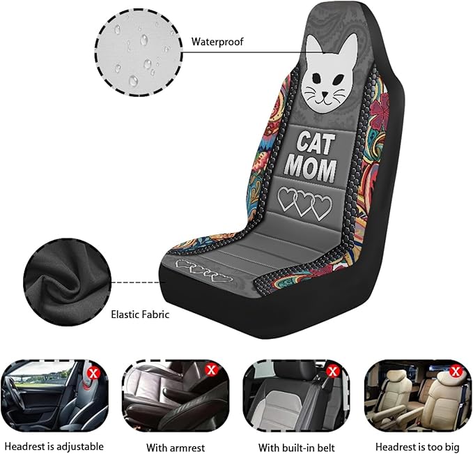 Cat Mom Car Seat Covers 2 Pcs Waterproof Front Seat Covers Boho Floral Bucket Seat Cover Car Interior Accessories for Women Men