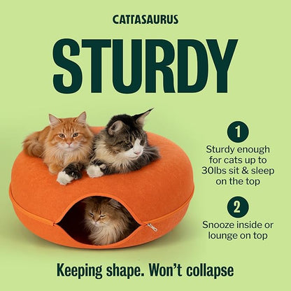 Cattasaurus Peekaboo Cat Cave, Extra Spacious for Multiple & Large Cats 15+ lbs, Scratch Detachable Cat Beds for Indoor Cats, Washable Tunnel Bed, Comfy Donut Tunnel (Orange, Jumbo)