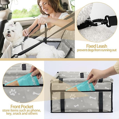 PetsHome Dog Car Seat Foldable Dog Car Booster Seat Waterproof Breathable Oxford Travel Bag for Small to Medium Dogs, Puppies, and Pets-Pattern Grey