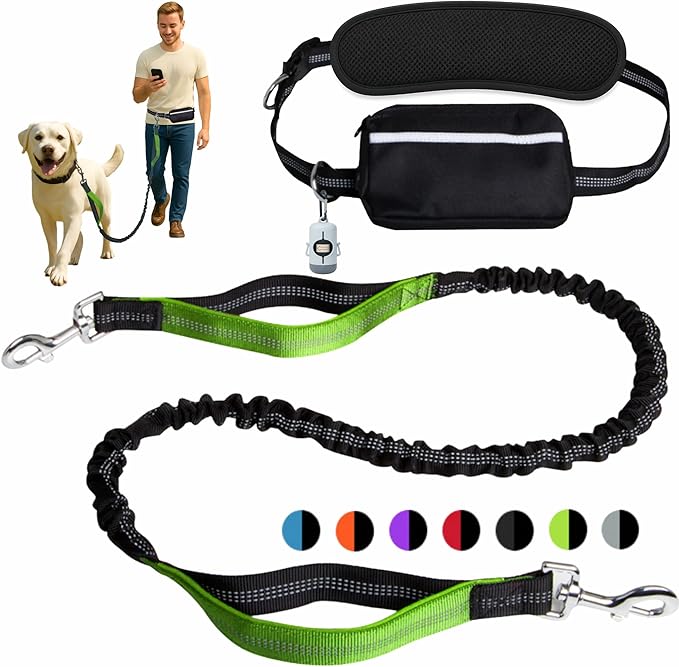 Hands-Free Dog Leash for Dogs up to 130 lbs – Heavy-Duty, Shock-Absorbing Bungee Leash with Zipper Pouch, Dual Padded Handles & Adjustable Waist Belt for Running & Walking – Neon Green